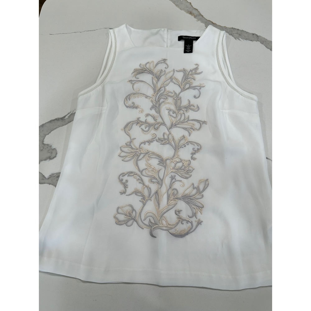 White House Black Market White Embroidered Floral Sleeveless Blouse Shell S